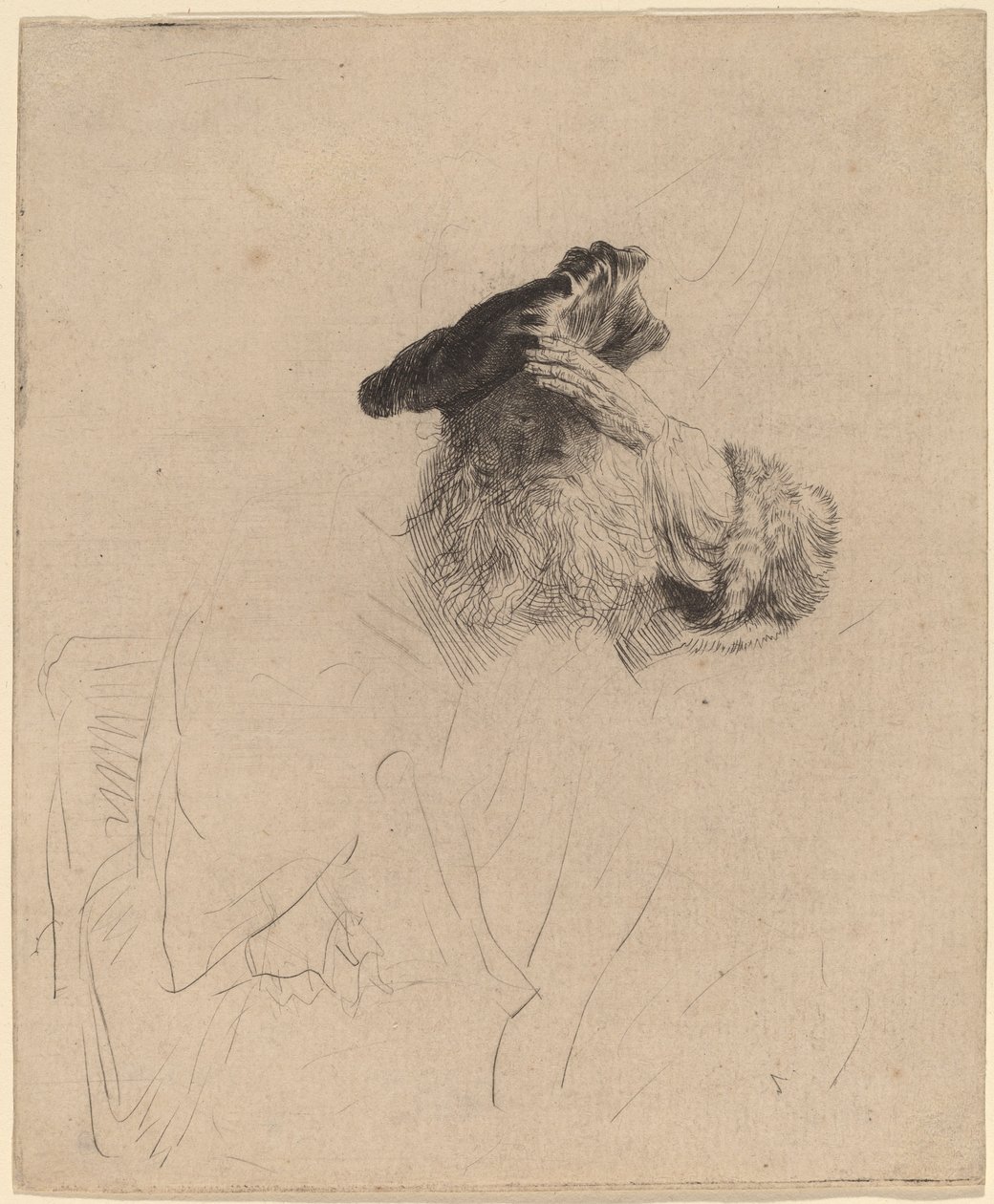 Gammel mann som skygger for øynene med hånden av Rembrandt van Rijn