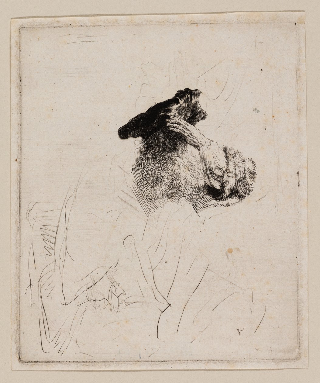 Gammel mann som skygger for øynene med hånden av Rembrandt van Rijn