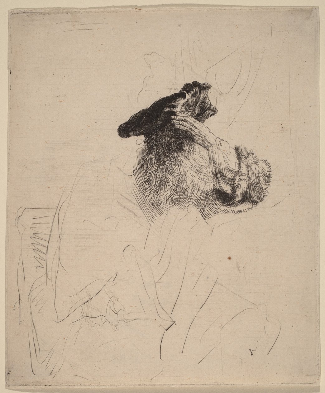 Gammel mann som skjermer øynene med hånden av Rembrandt van Rijn