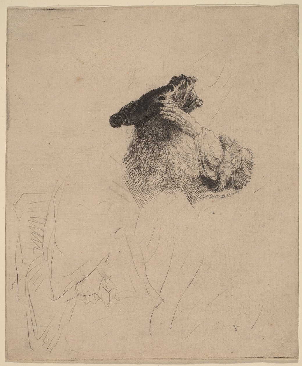Gammel mann som skjermer øynene med hånden av Rembrandt van Rijn