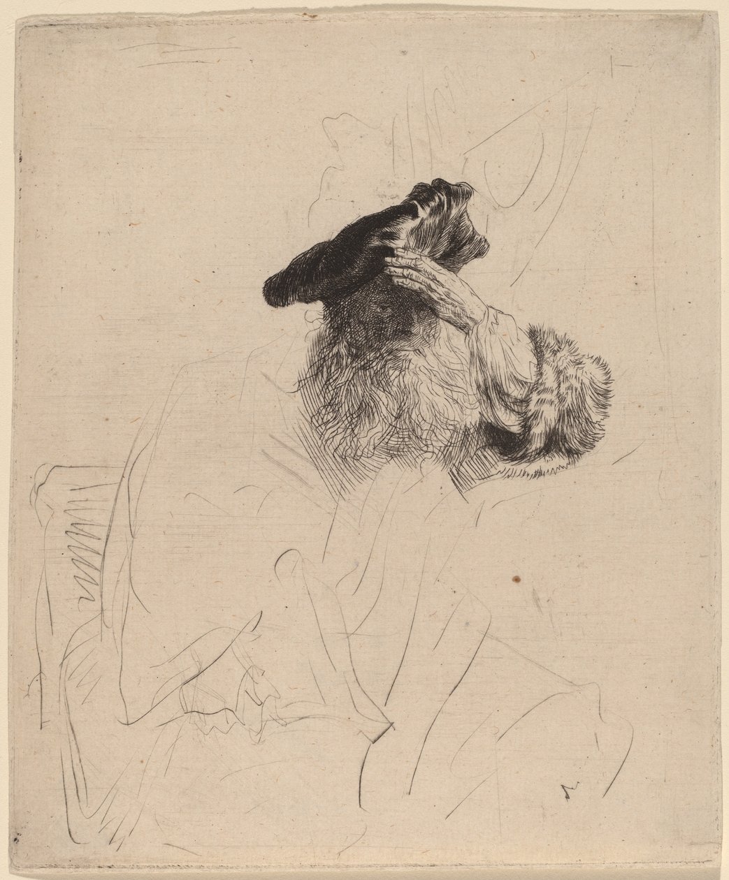 Gammel mann som skygger for øynene med hånden, ca. 1639. av Rembrandt van Rijn
