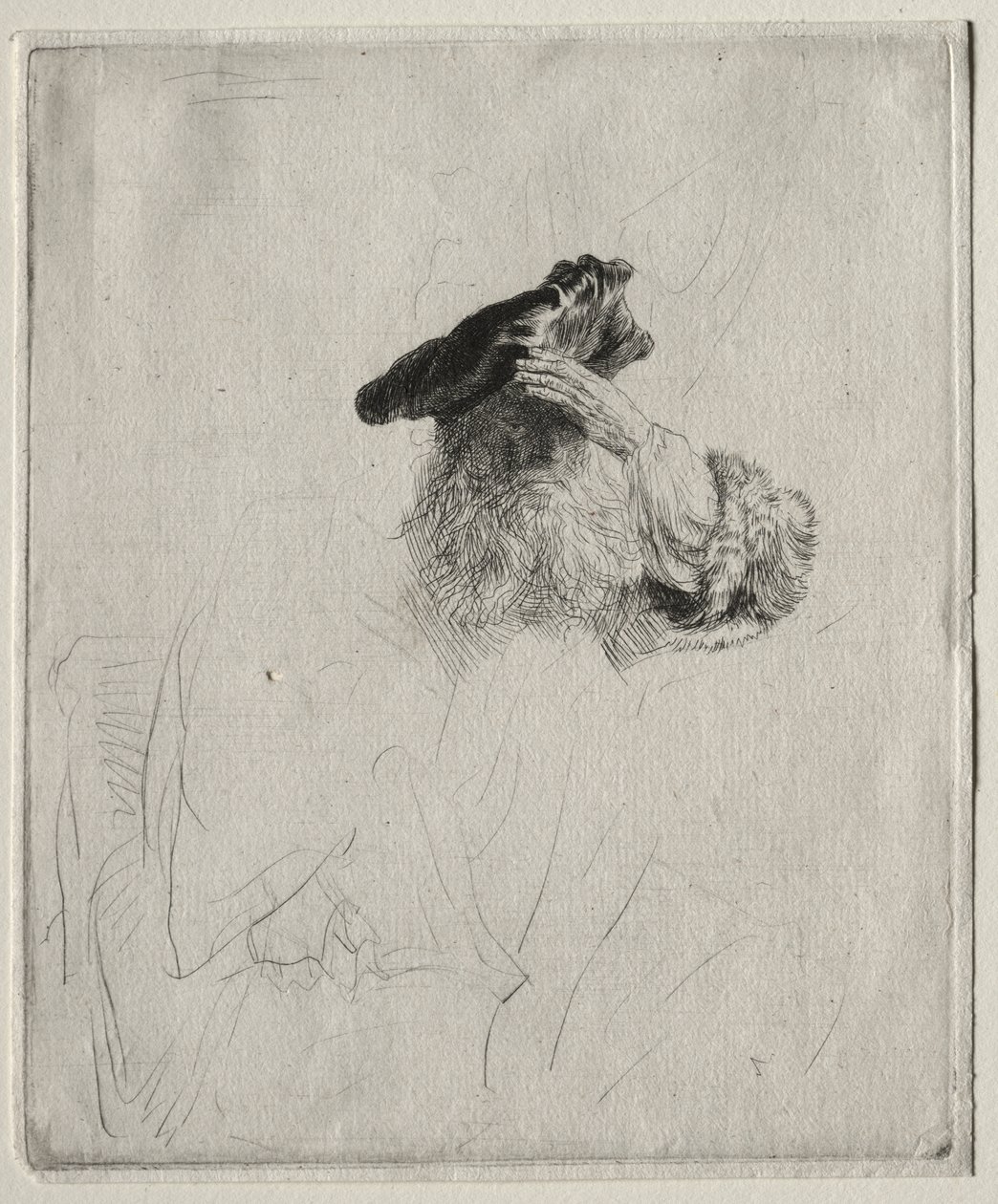 Gammel mann som skygger for øynene med hånden av Rembrandt van Rijn