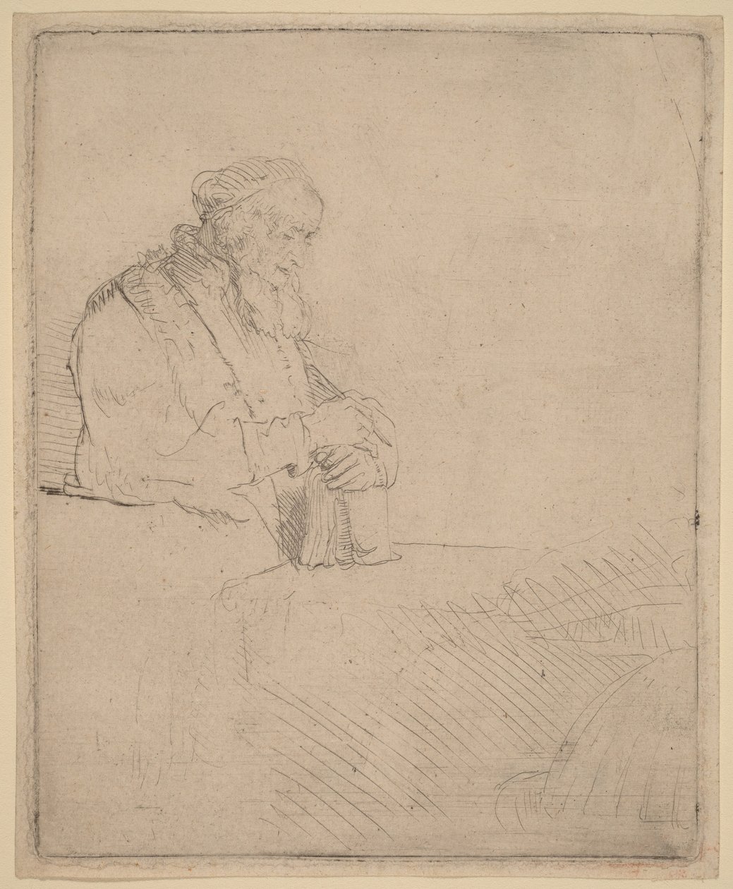 En gammel mann i meditasjon, som lener seg mot en bok av Rembrandt van Rijn