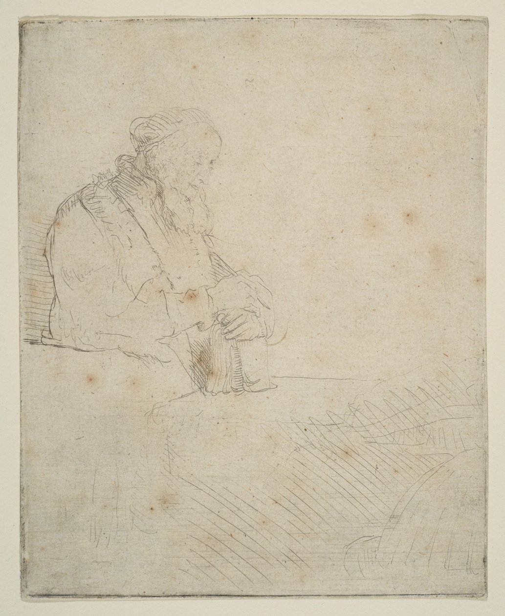 Gammel mann i meditasjon, lener seg på en bok, ca. 1645. av Rembrandt van Rijn