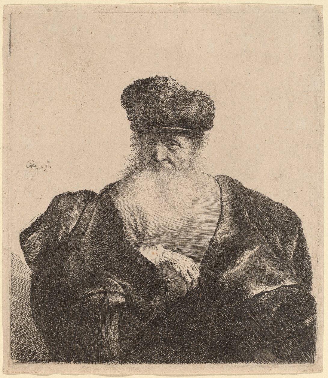 Gammel mann med skjegg, pelshatt og fløyelskappe av Rembrandt van Rijn