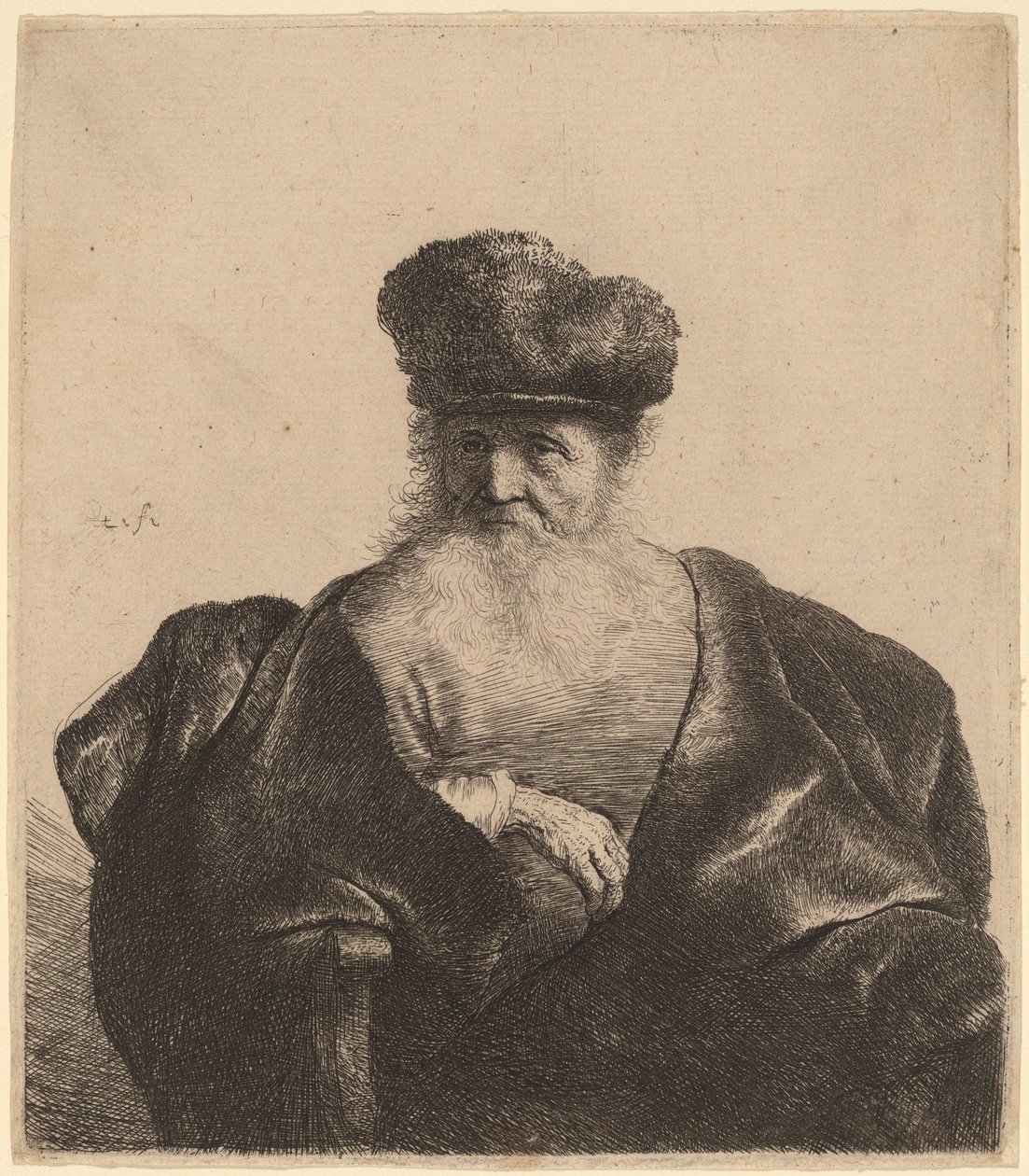 Gammel mann med skjegg, pelshatt og fløyelskappe av Rembrandt van Rijn