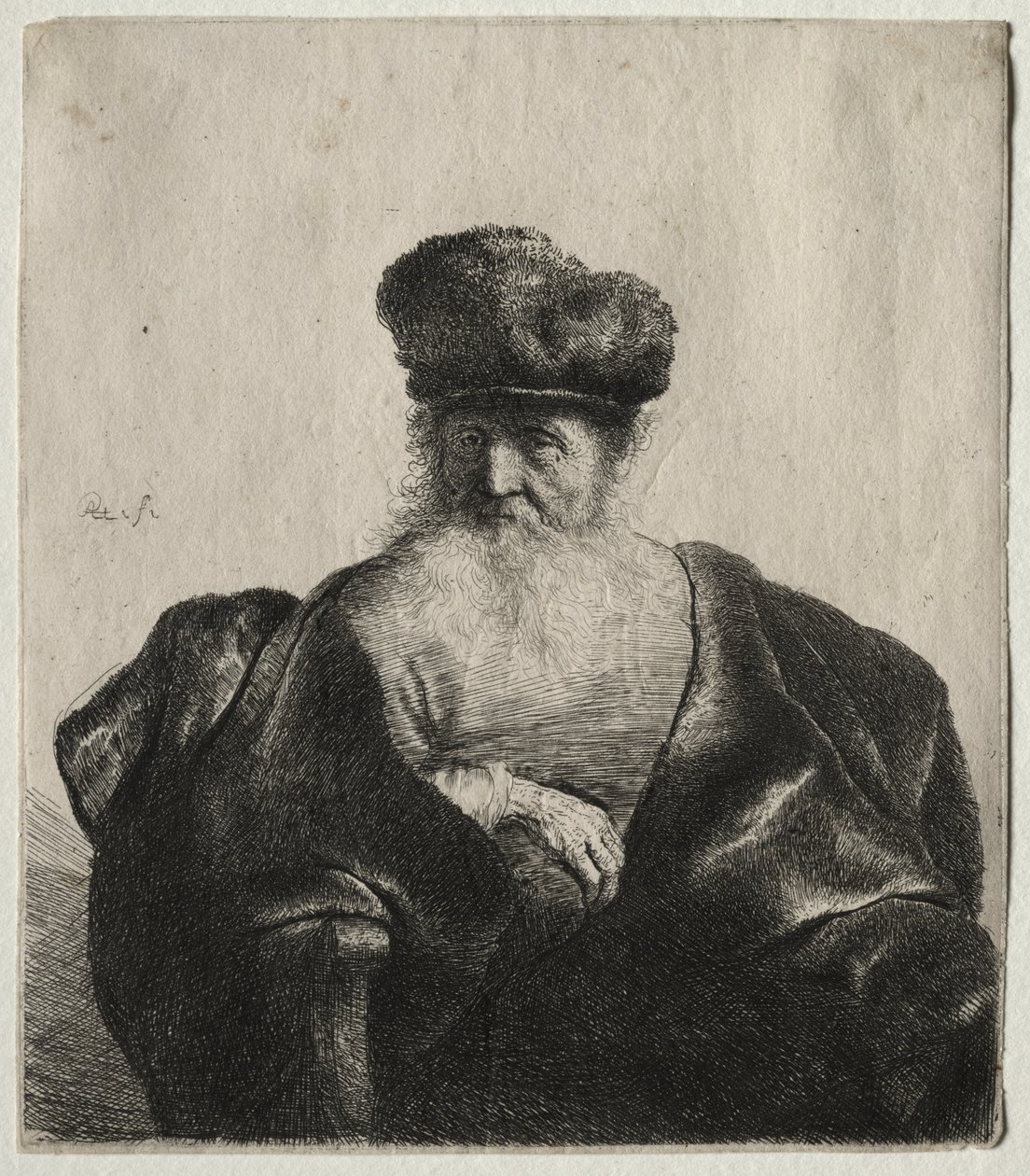 Gammel mann med skjegg, pelshatt og fløyelskappe av Rembrandt van Rijn