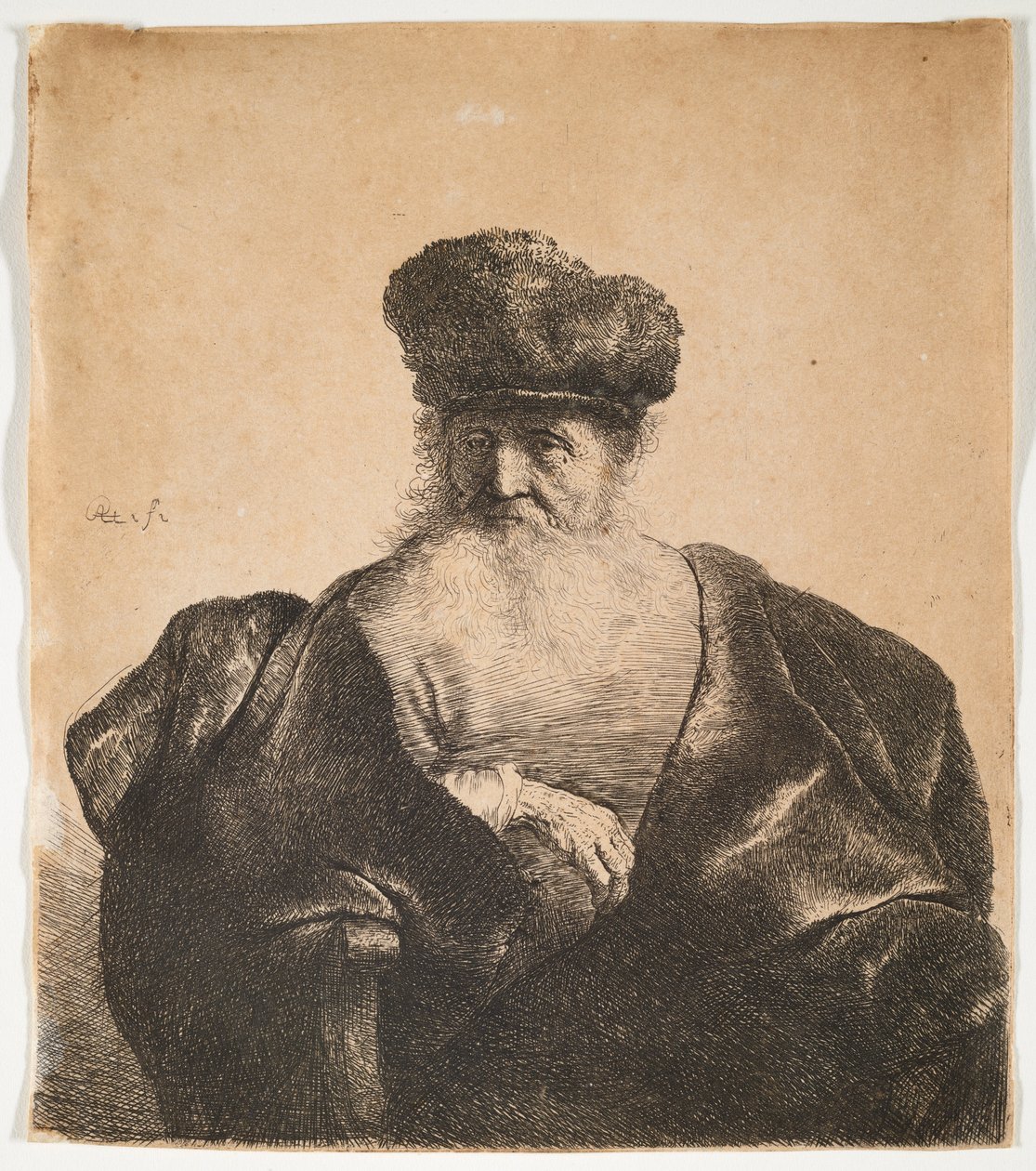Gammel mann med skjegg, pelslue og fløyelskappe av Rembrandt van Rijn