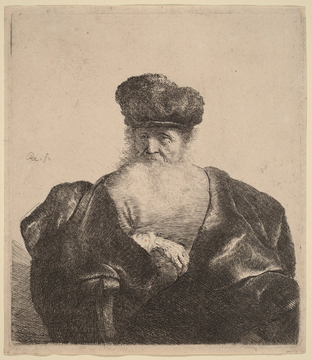 Gammel mann med skjegg, pelslue og fløyelskappe av Rembrandt van Rijn