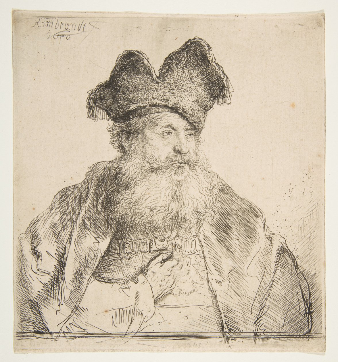 Gammel mann med delt pelshatt. av Rembrandt van Rijn