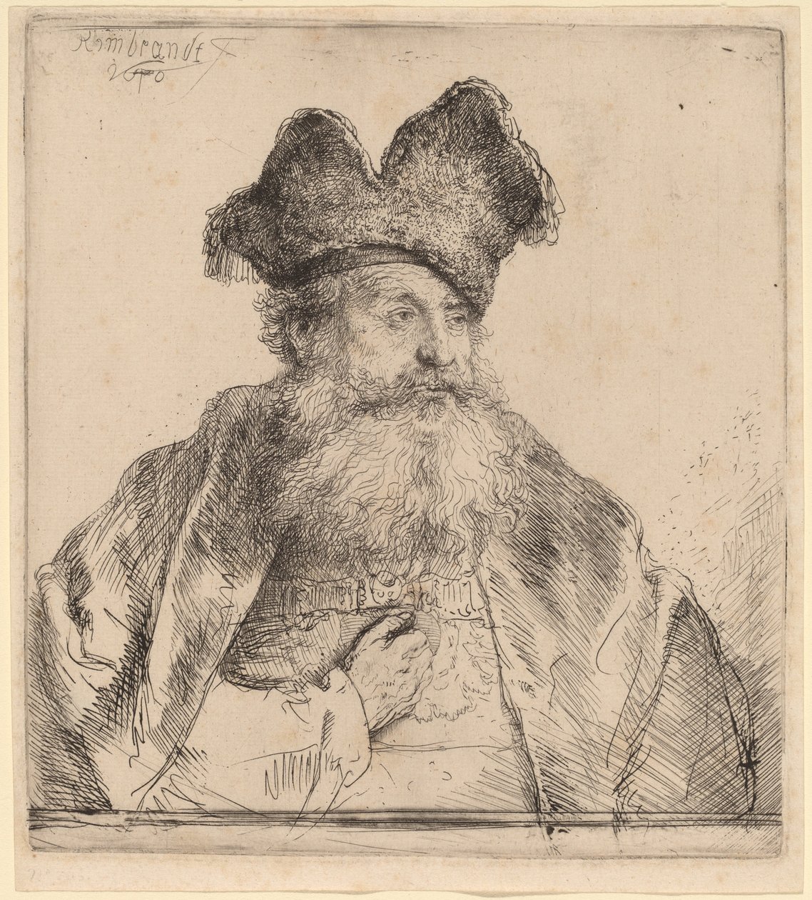 Gammel mann med delt pelshatt av Rembrandt van Rijn