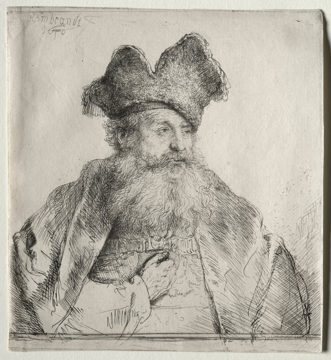 Gammel mann med delt pelshatt av Rembrandt van Rijn