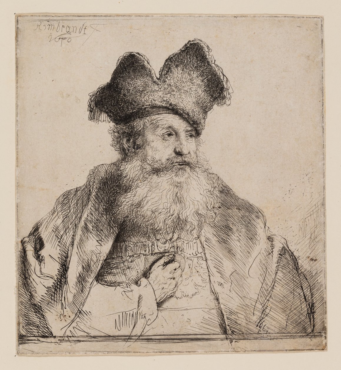 Gammel mann med delt pelshatt av Rembrandt van Rijn