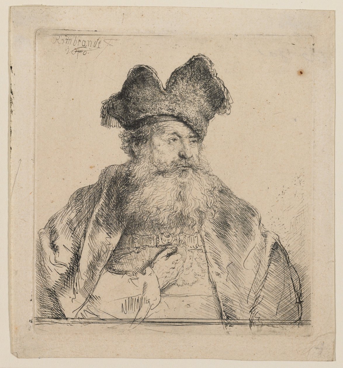 En gammel mann med en splittet pelslue av Rembrandt van Rijn