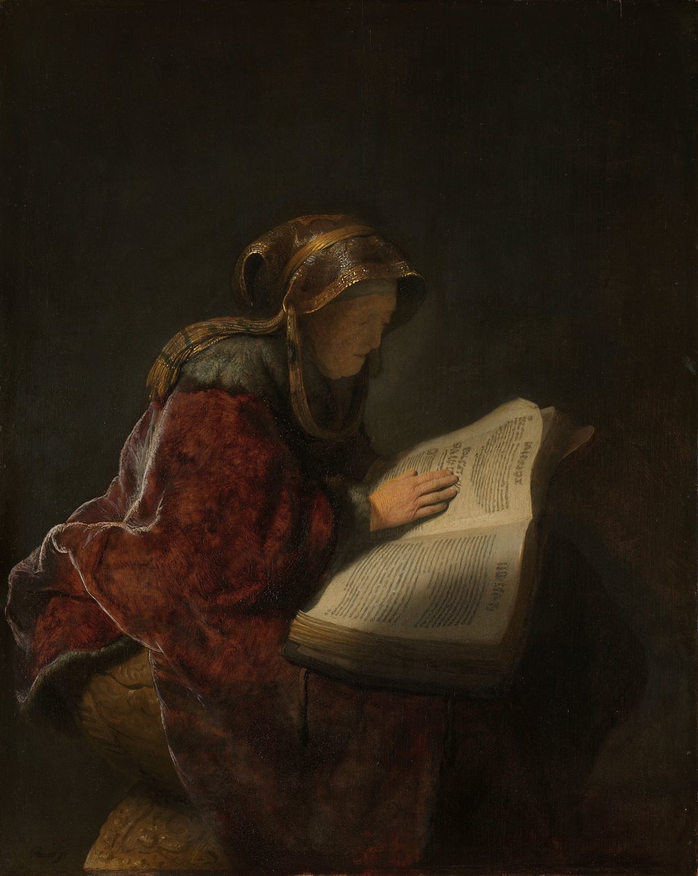 Gammel kvinne som leser, sannsynligvis profetinnen Anna En gammel kvinne som leser, sannsynligvis profetinnen Hannah av Rembrandt van Rijn