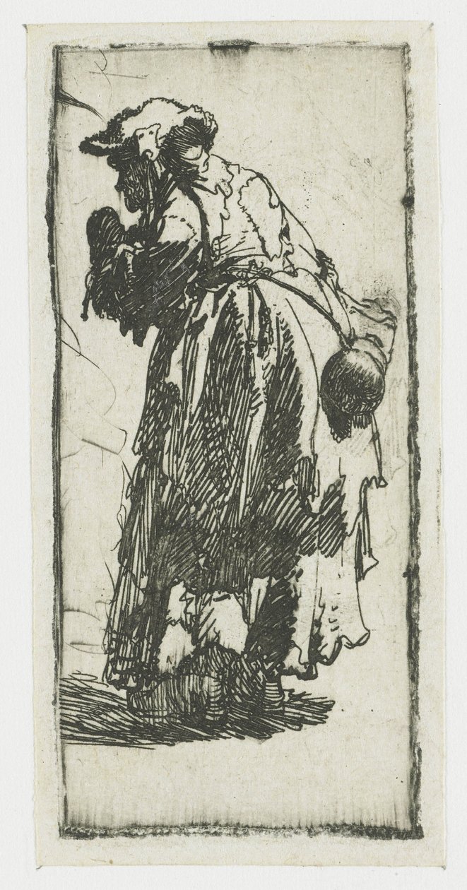 Gammel tiggerkvinne med en kalebass av Rembrandt van Rijn