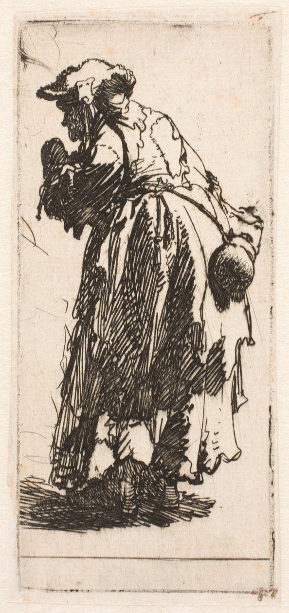 Gammel tiggerkvinne med en kalebass av Rembrandt van Rijn