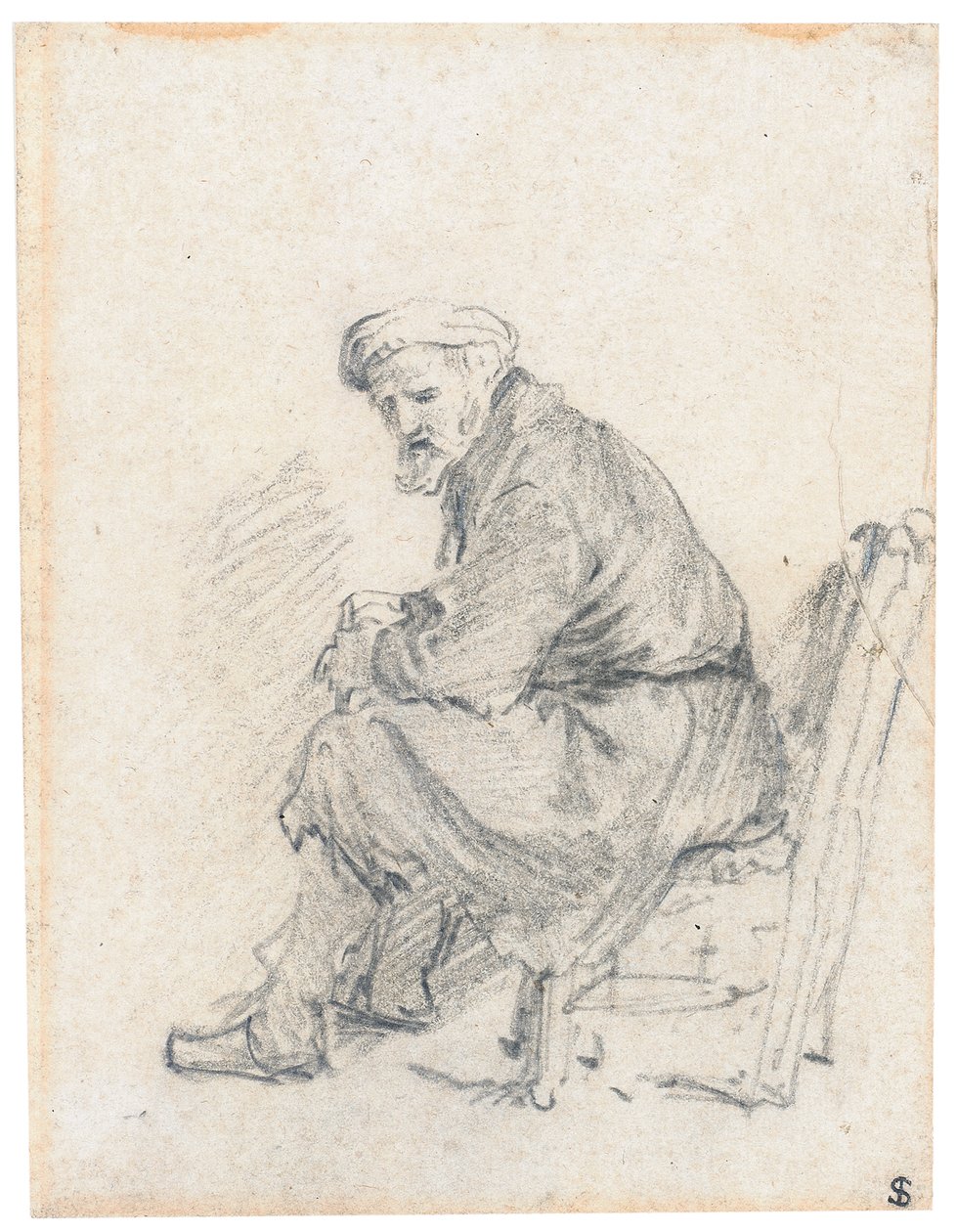 Gammel mann i turban, sittende i profil, svingende til venstre av Rembrandt van Rijn