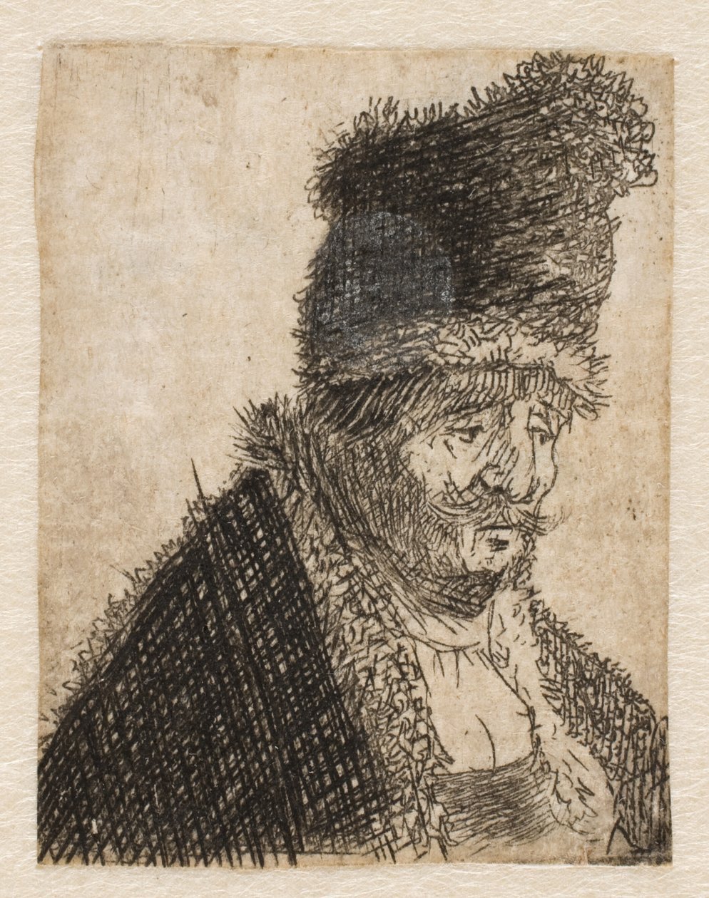 Gammel mann i pelsjakke og høy lue: byst av Rembrandt van Rijn