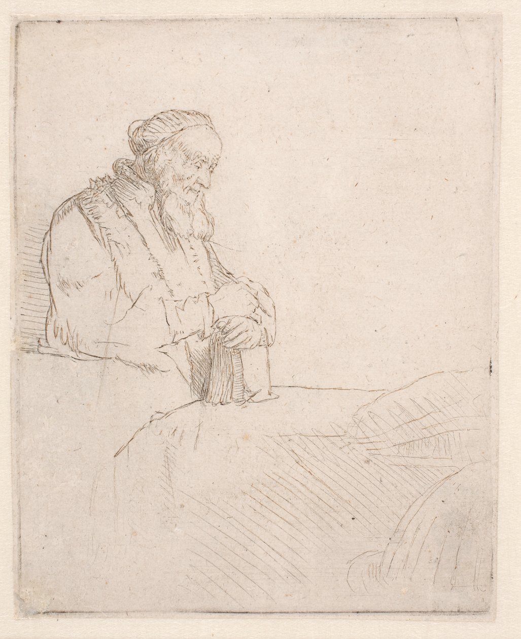 En gammel mann i meditasjon, som lener seg mot en bok av Rembrandt van Rijn