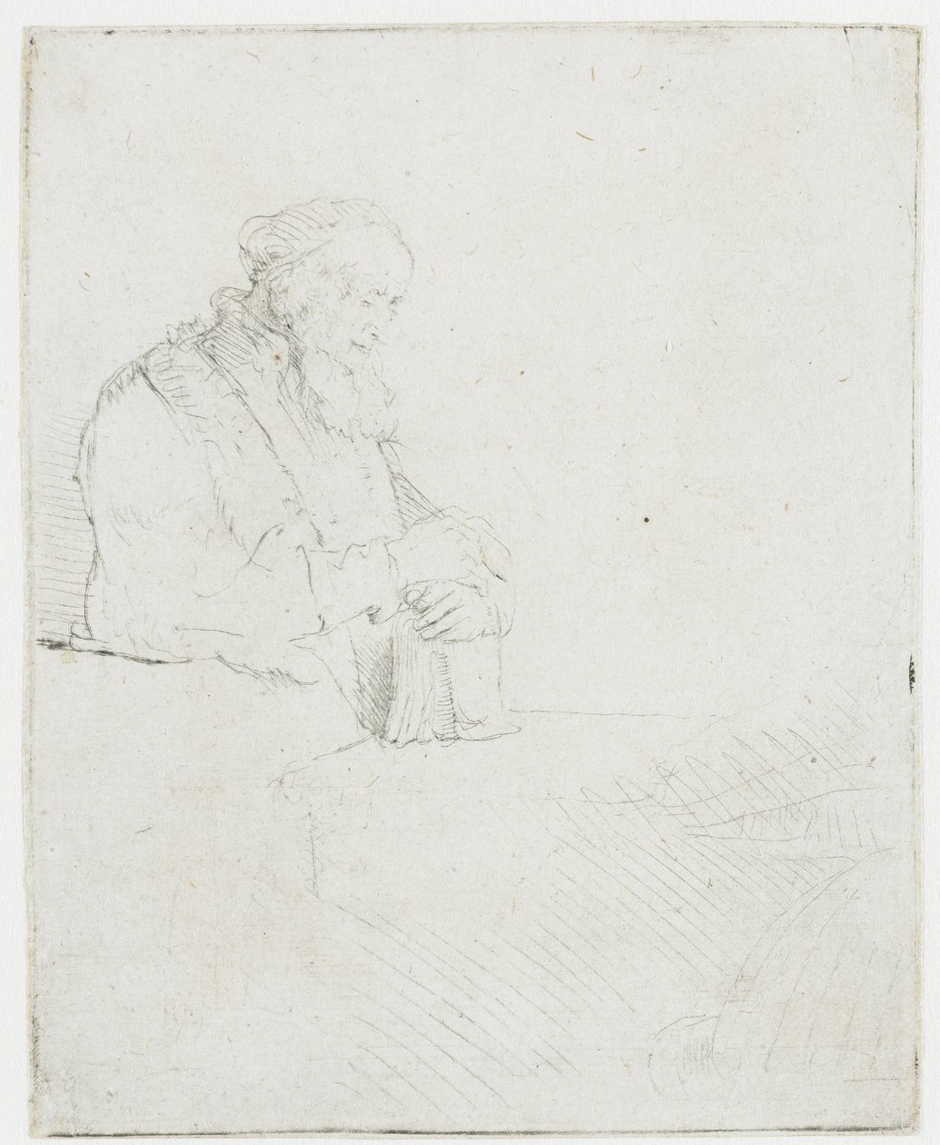 En gammel mann i meditasjon, som lener seg mot en bok av Rembrandt van Rijn