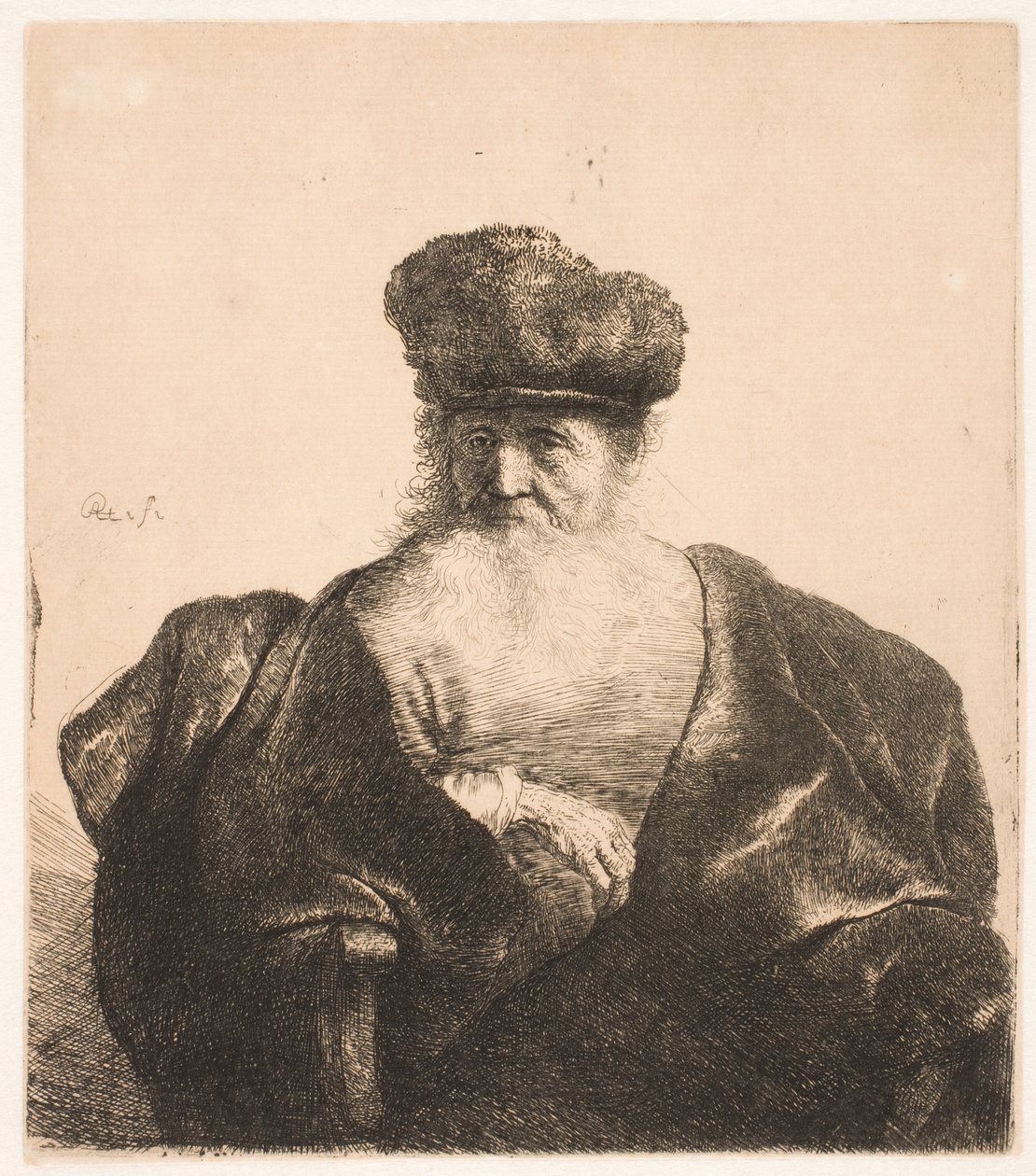 En sittende gammel mann med langt skjegg, pelslue og fløyelskappe av Rembrandt van Rijn