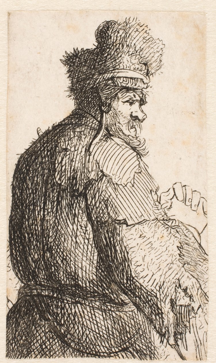 Gammel mann sett bakfra: profil mot høyre: halvfigur av Rembrandt van Rijn