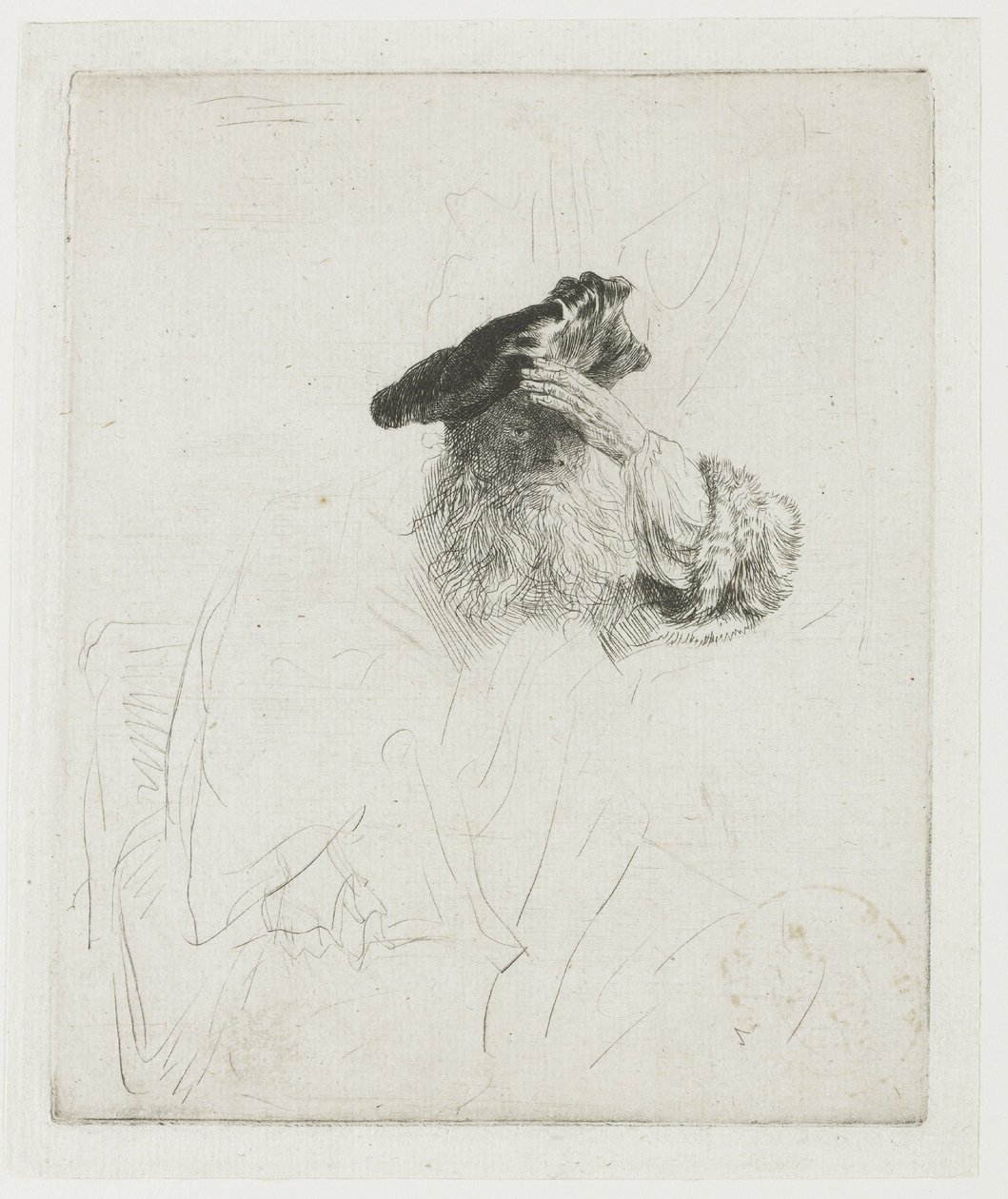 Gammel mann som skjermer øynene med hånden av Rembrandt van Rijn