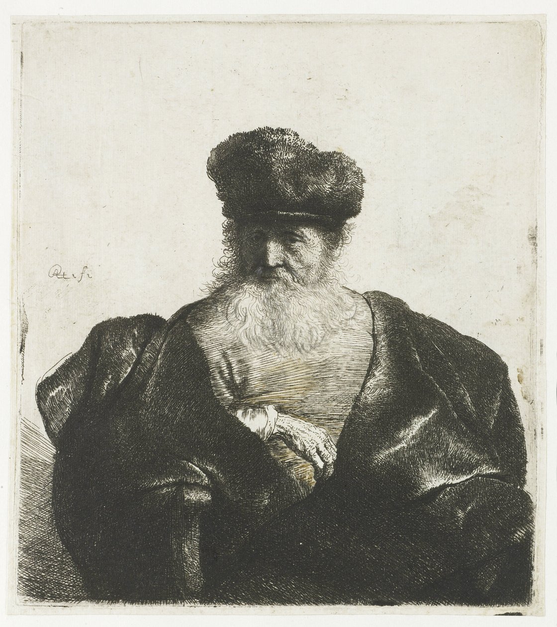 Gammel mann med skjegg, pelshatt og fløyelskappe av Rembrandt van Rijn