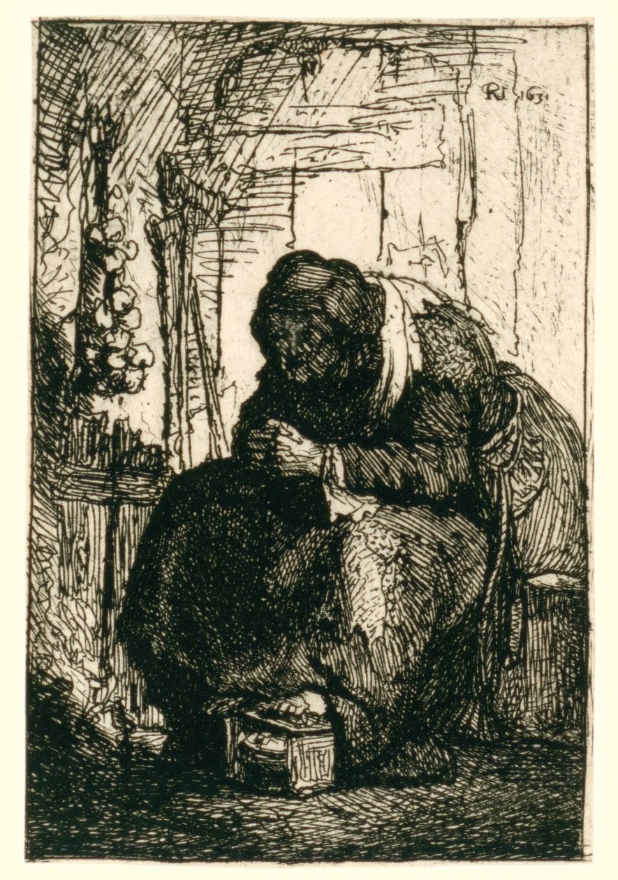 En gammel kvinne sitter i en hytte, med en snor med løk på veggen av Rembrandt van Rijn