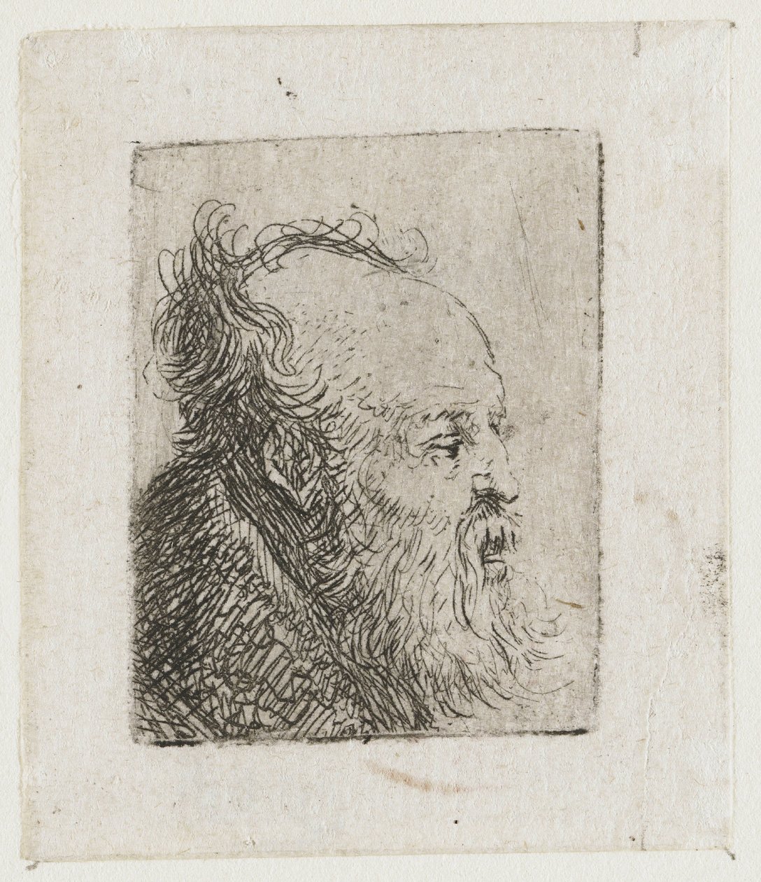 Gammel, skjeggete mann, med munnen halvåpen av Rembrandt van Rijn