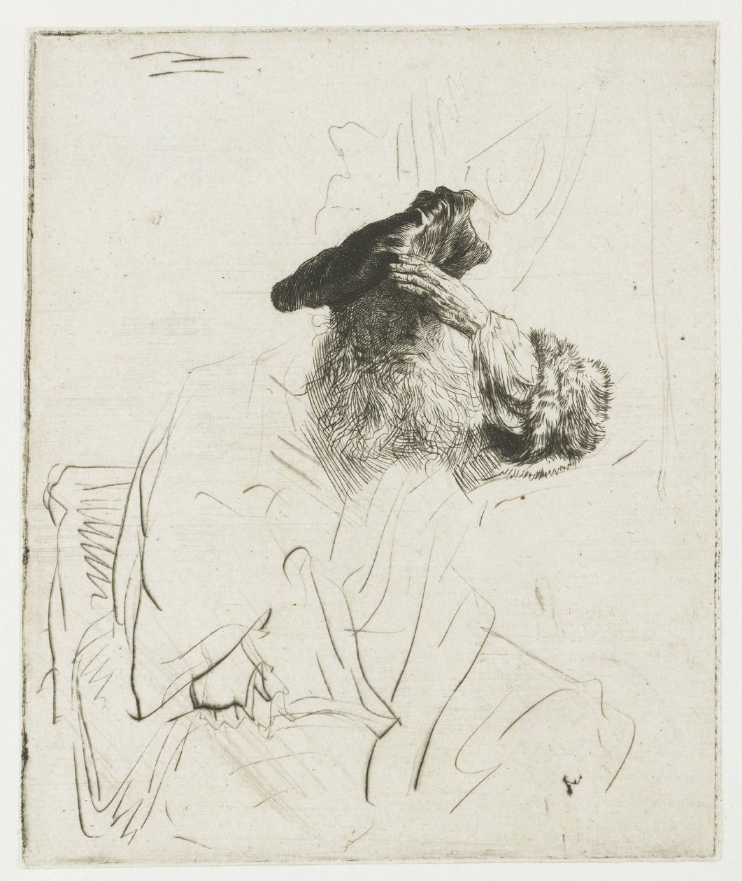 Gammel mann som skjermer øynene med hånden av Rembrandt van Rijn