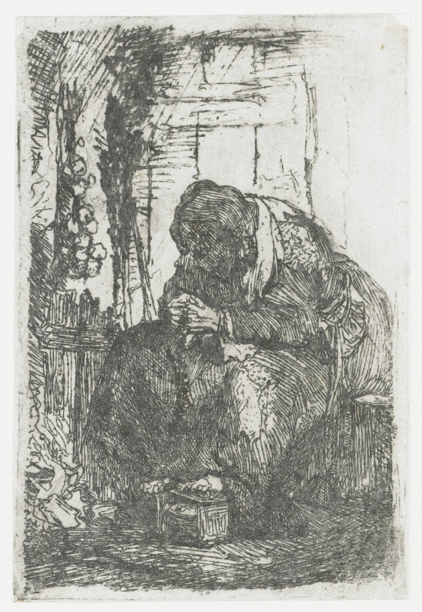 Gammel kvinne med løk, sittende i en hytte av Rembrandt van Rijn