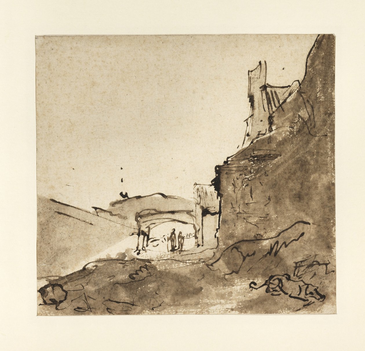 Utkanten av en by med vegger og døråpning, ca. 1627-28 (indisk blekk med vask på papir) av Rembrandt van Rijn