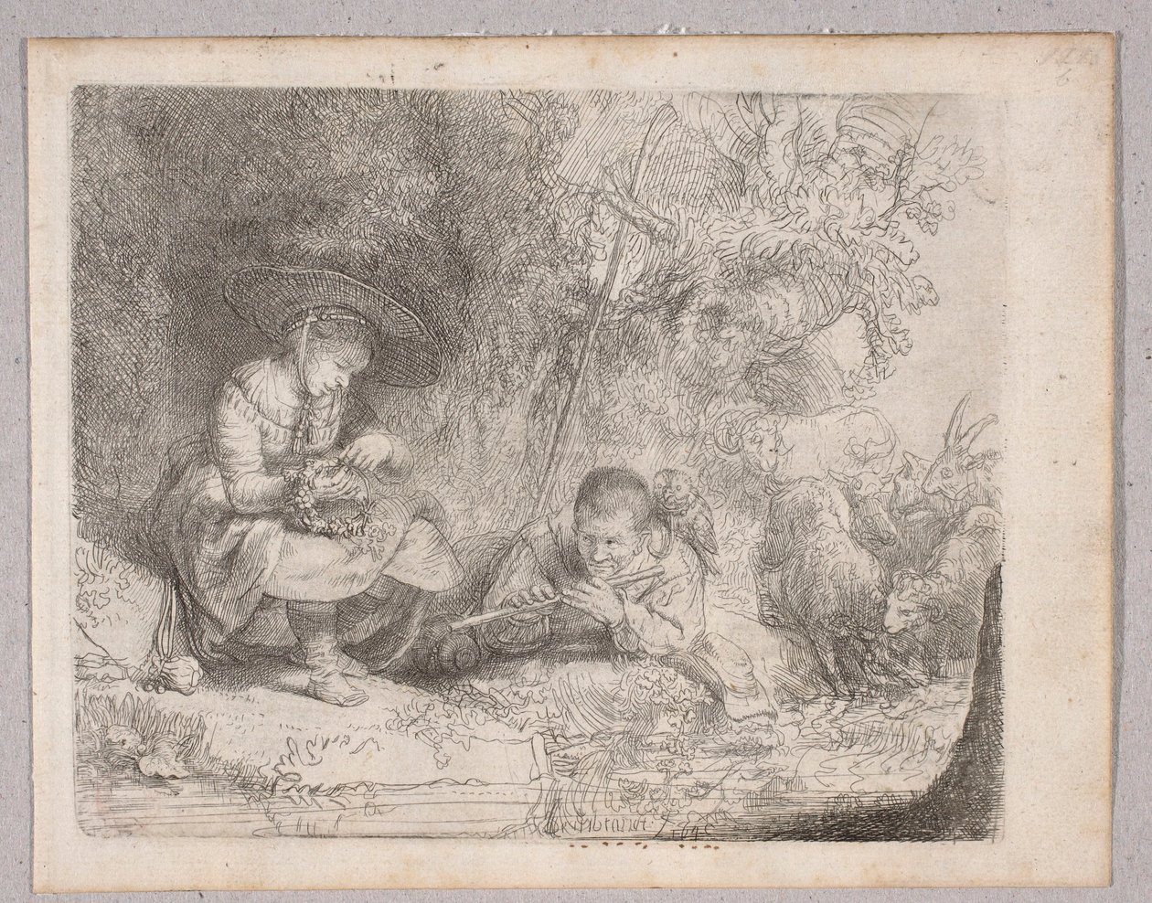 En gjeter som spiller på fløyte (Omval-utsikt med gjeterinne og en som spiller på fløyte) av Rembrandt van Rijn