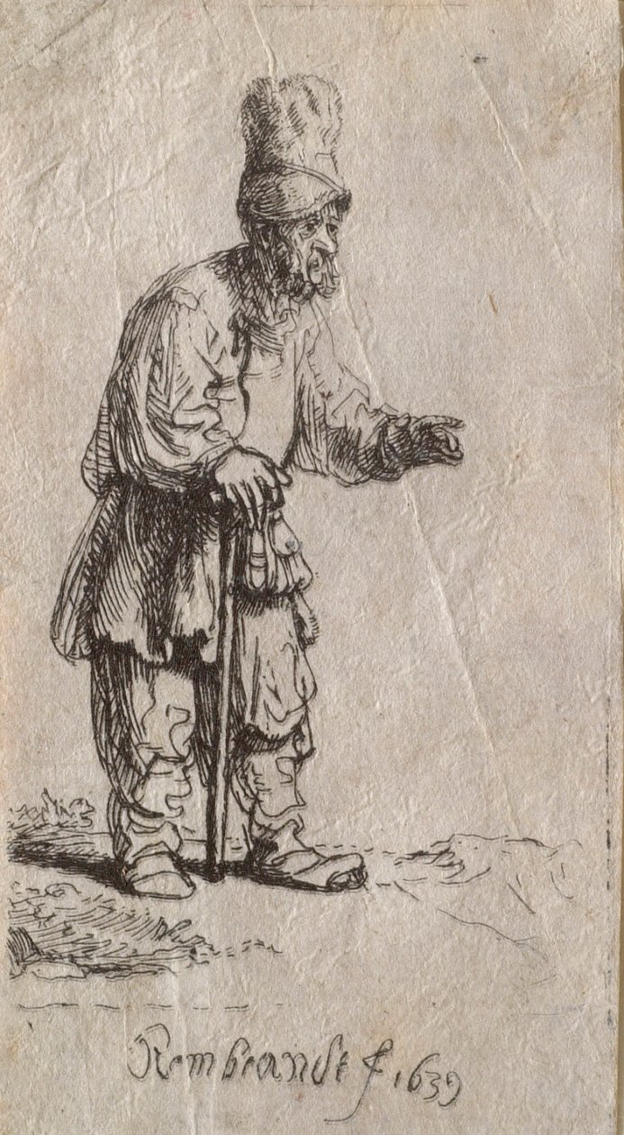 Bonde med høy lue, stående og lent mot en stav av Rembrandt van Rijn