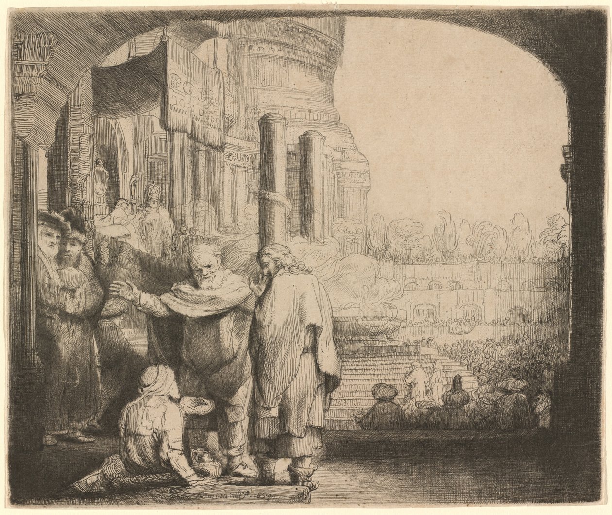 Peter og Johannes helbreder den krøplingen ved tempelporten av Rembrandt van Rijn