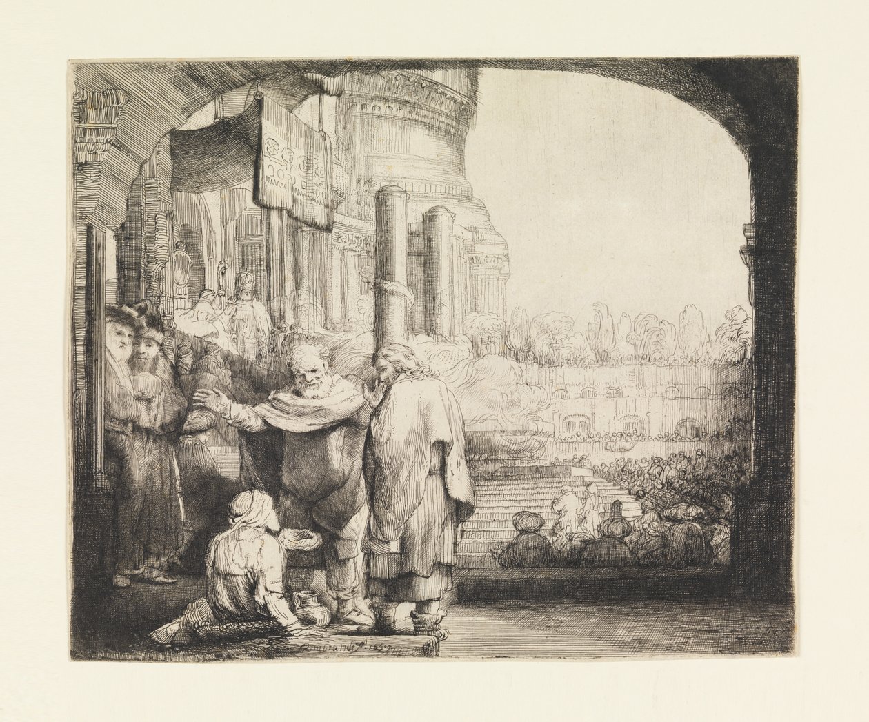 Peter og Johannes helbreder den krøplingen ved tempelporten av Rembrandt van Rijn