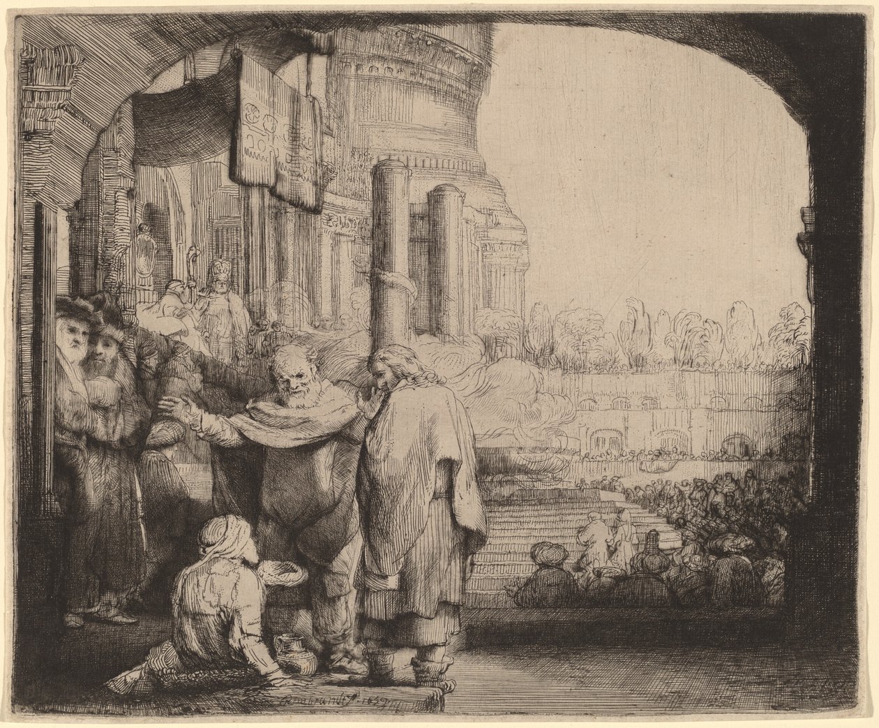 Peter og Johannes helbreder den krøplingen ved tempelporten av Rembrandt van Rijn