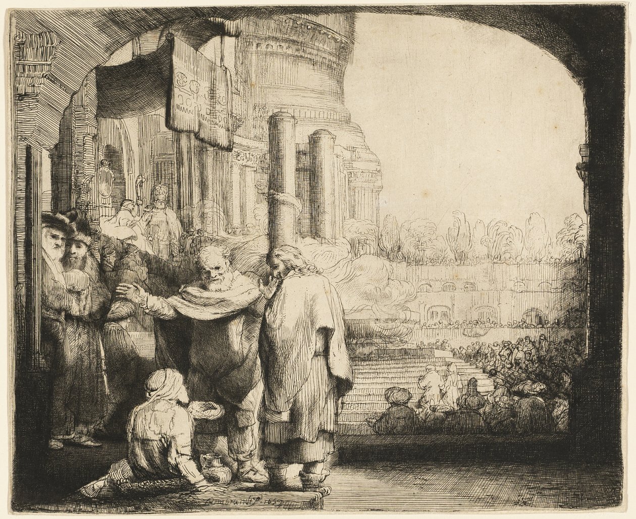 Peter og Johannes helbreder den krøplingen ved tempelporten av Rembrandt van Rijn
