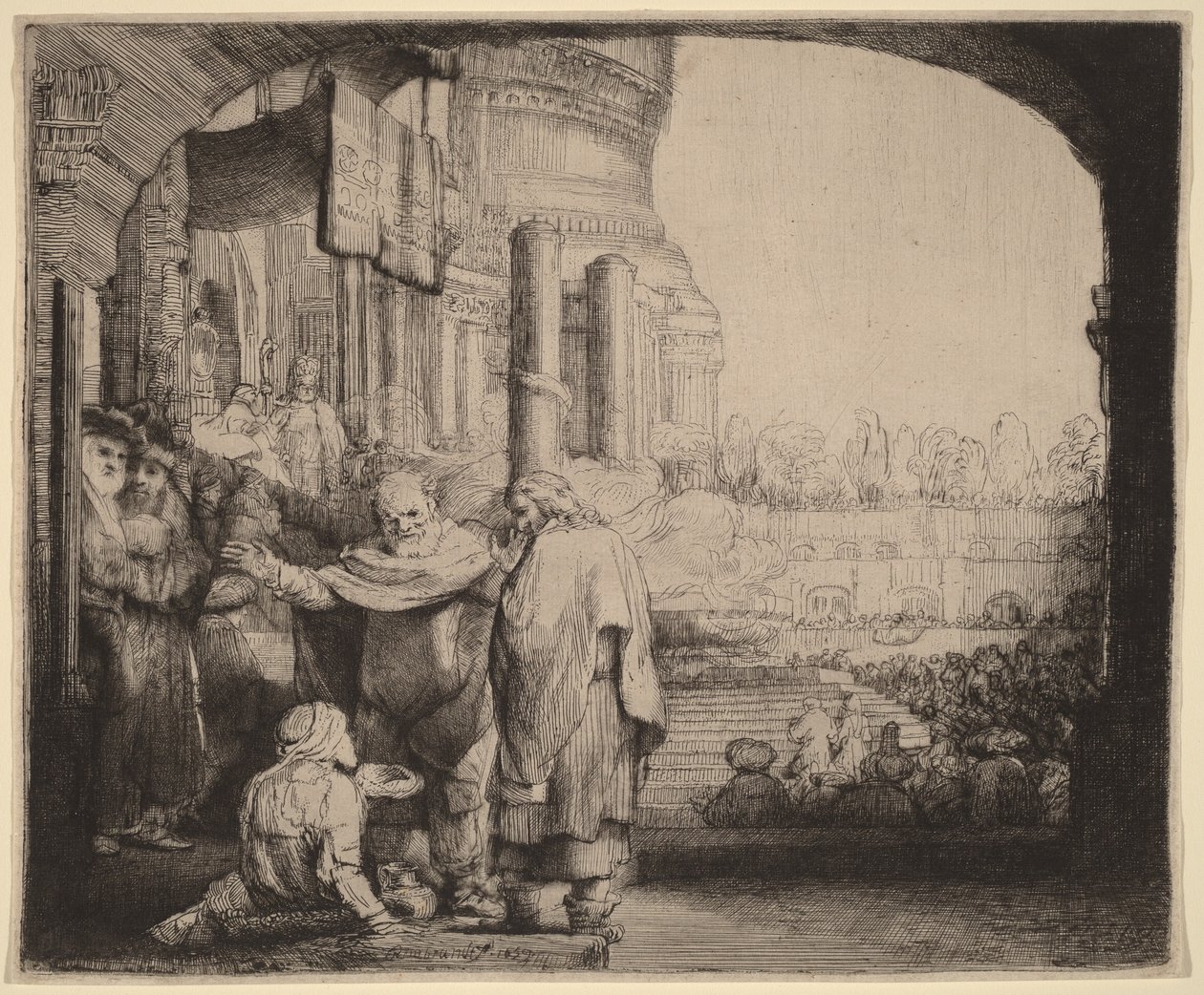 Peter og Johannes helbreder den lamme ved tempelporten av Rembrandt van Rijn