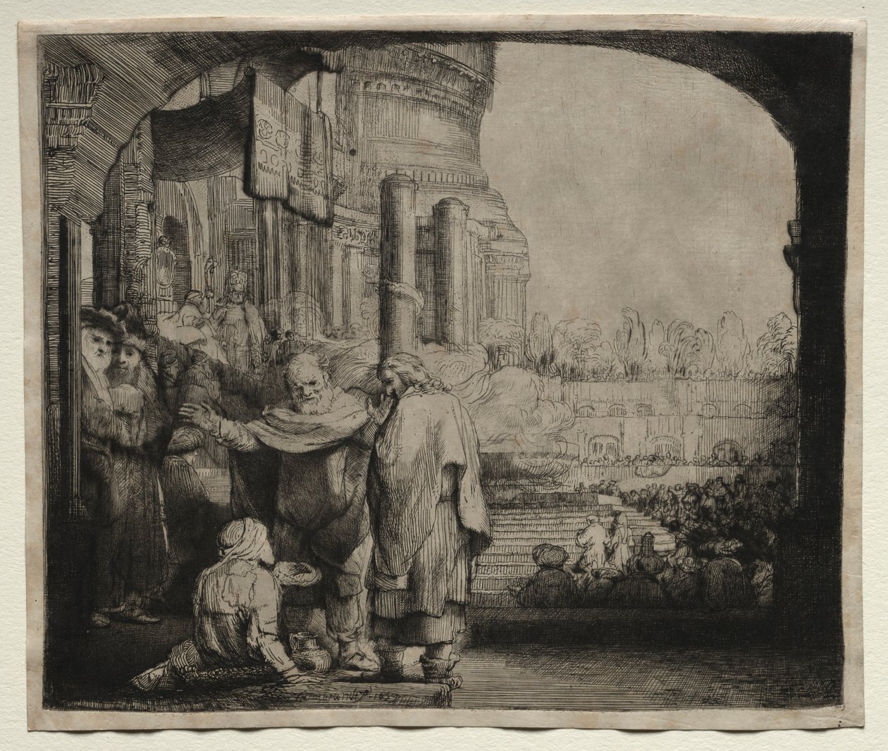 Peter og Johannes helbreder den krøplingen ved tempelporten, 1659. av Rembrandt van Rijn