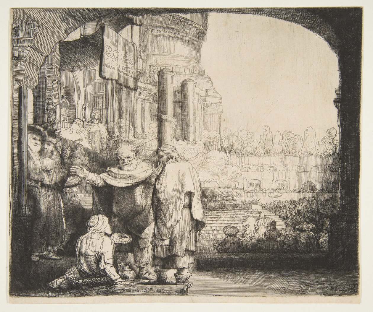 Peter og Johannes helbreder den krøplingen ved tempelporten, 1659. av Rembrandt van Rijn