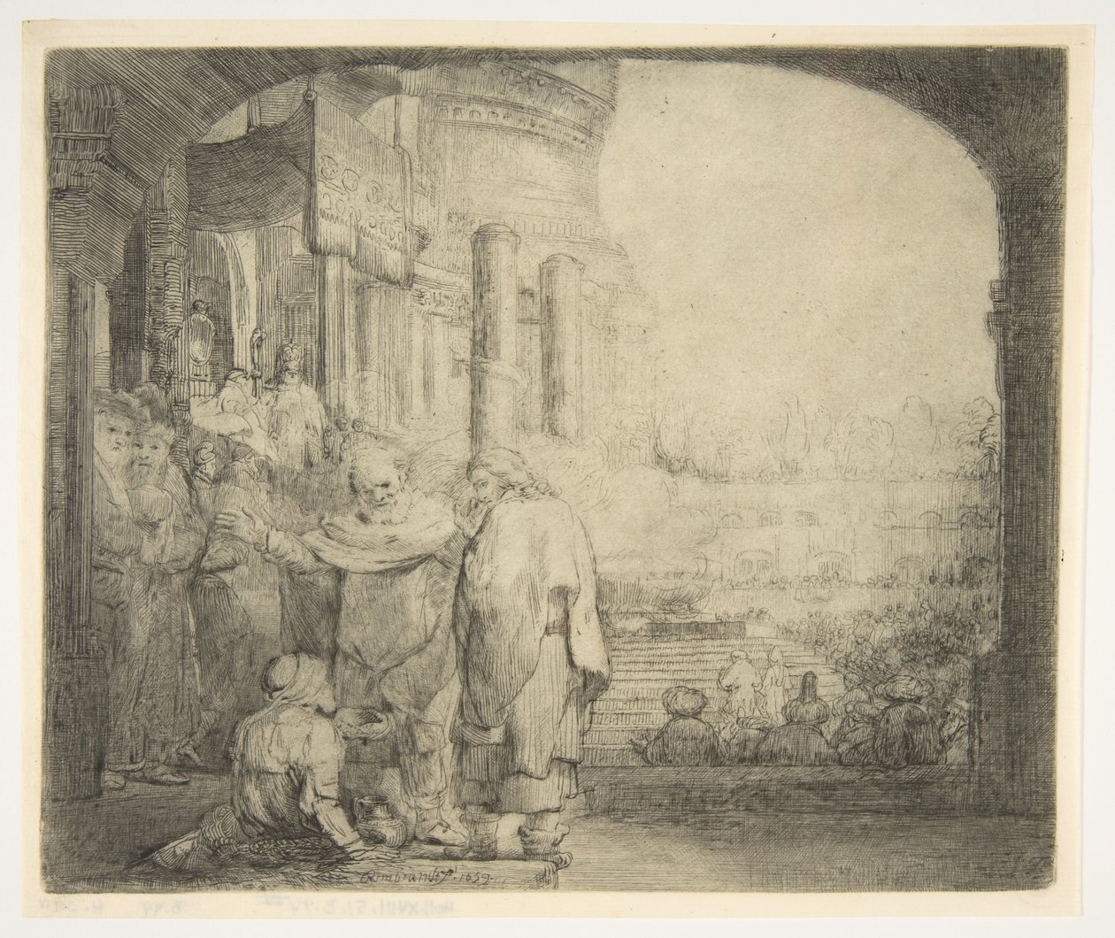 Peter og Johannes helbreder den krøplingen ved tempelporten, 1659. av Rembrandt van Rijn
