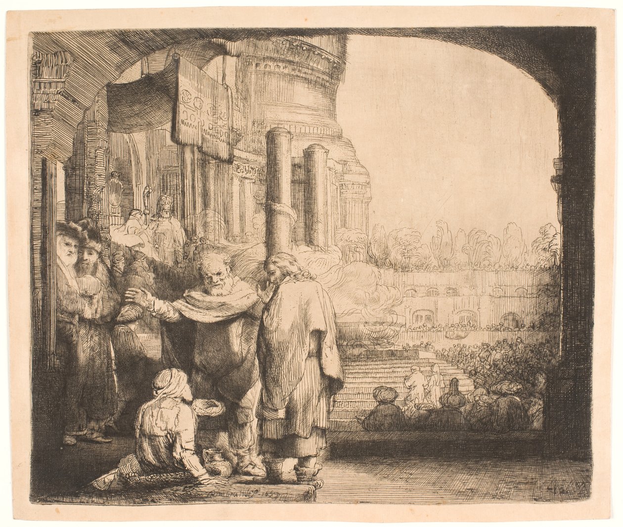 Peter og Johannes helbreder den krøplingen ved tempelporten av Rembrandt van Rijn