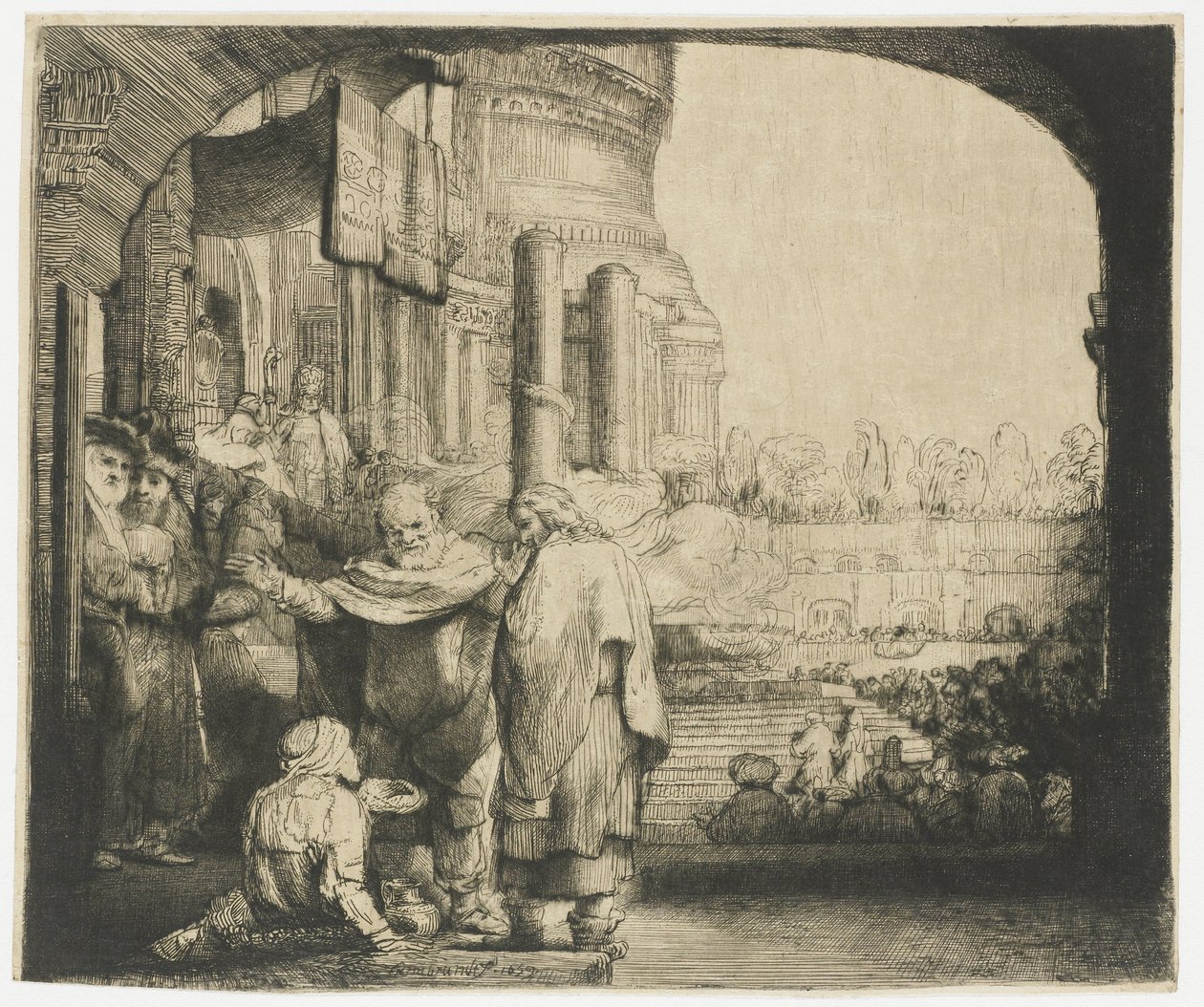Peter og Johannes helbreder den krøplingen ved tempelporten av Rembrandt van Rijn