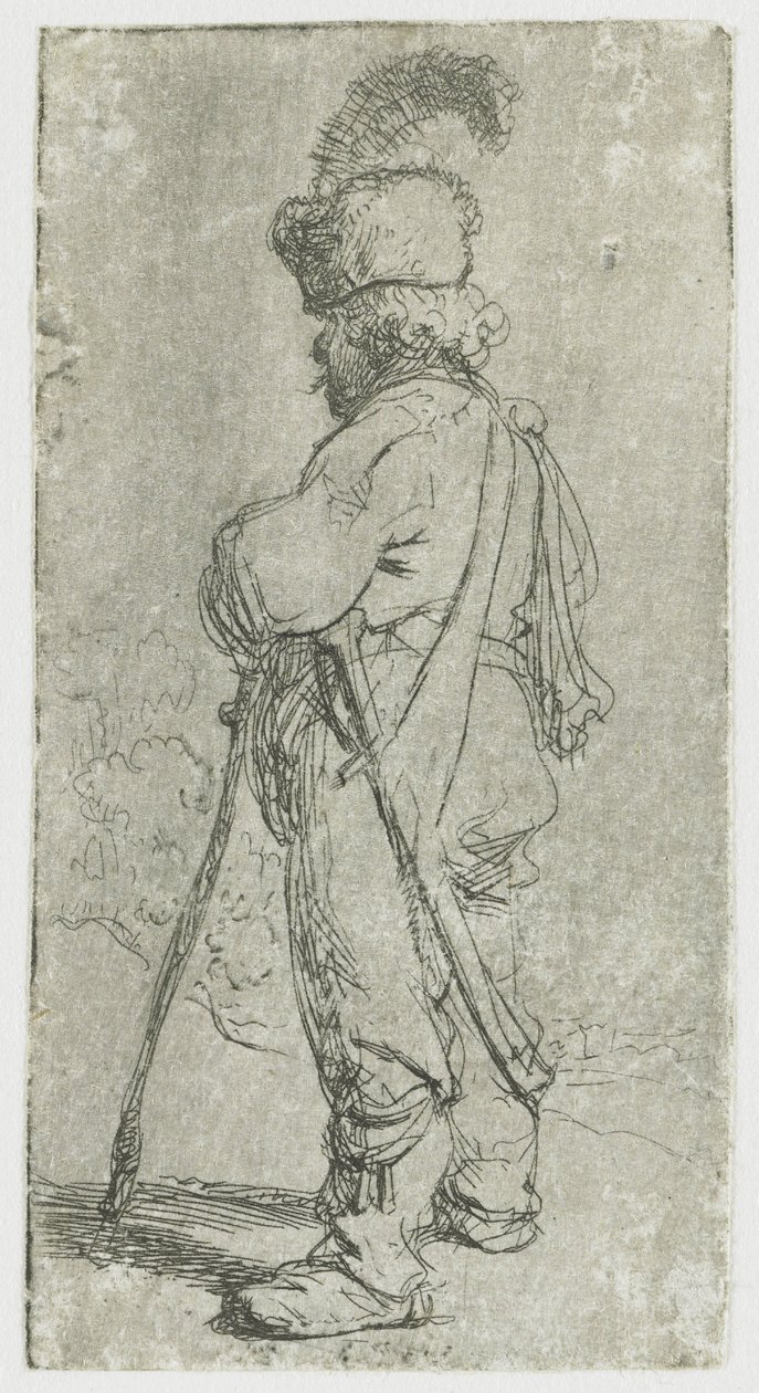 En polakk som støtter seg på en stokk av Rembrandt van Rijn
