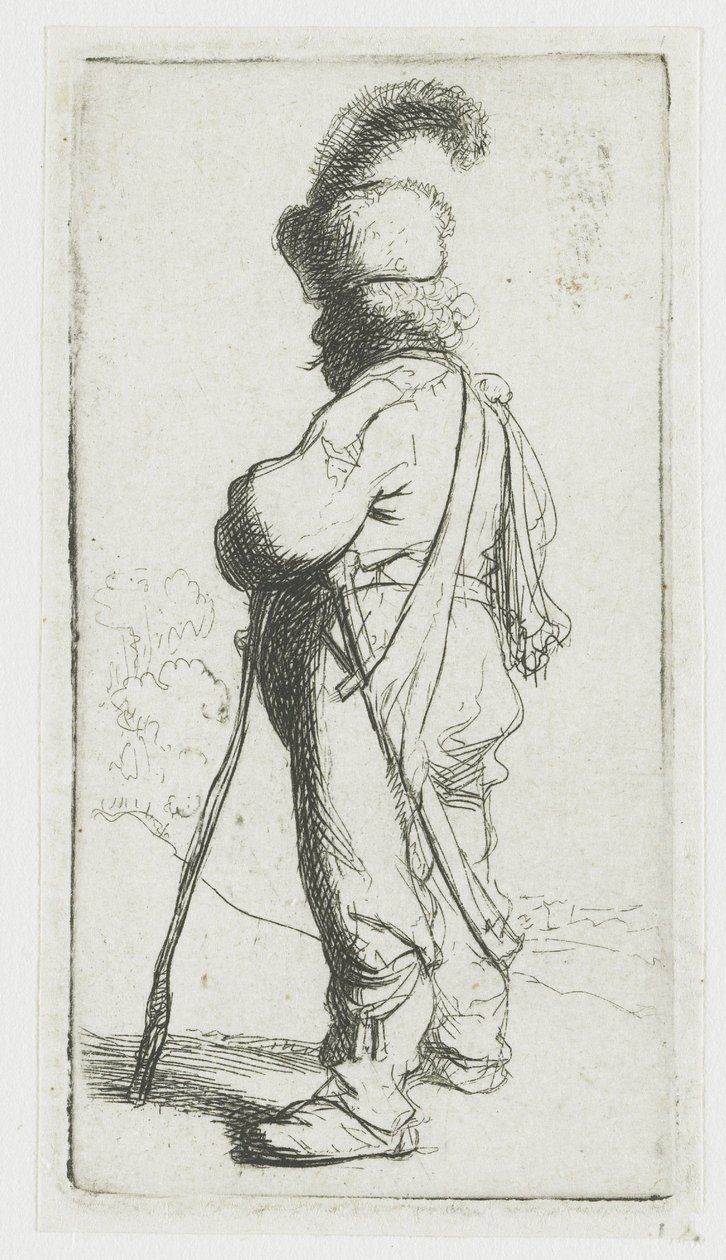 En polakk som støtter seg på en stokk av Rembrandt van Rijn