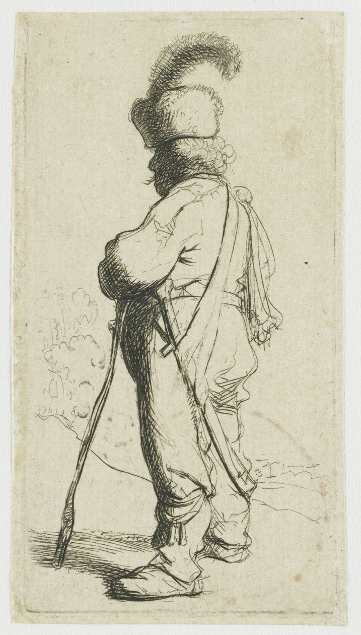 En polakk som støtter seg på en stokk av Rembrandt van Rijn