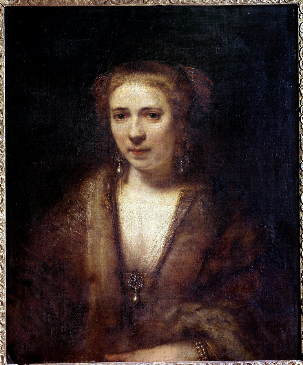 Portrett av Hendrickje Stoffels (1625-1663) ved beret av fløyel, ledsager av maleren Maleri av Harmensz Van Rijn Rembrandt (1606-1669) 1600-talls søn. 0,61x0,74 m av Rembrandt van Rijn